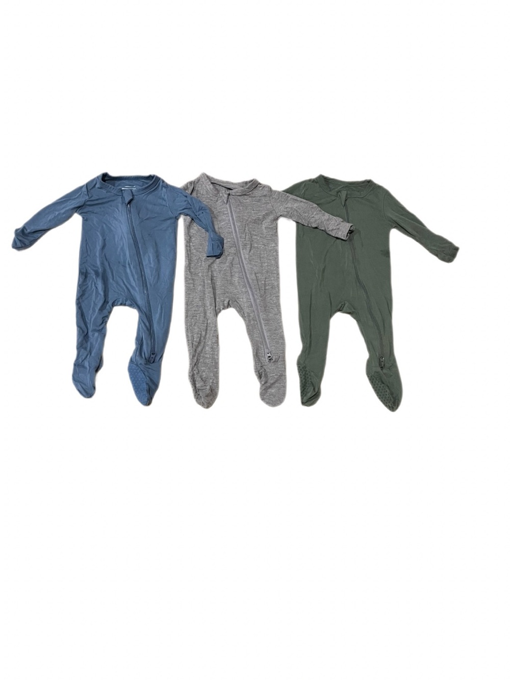 Bundle of 3 Hapiu Newborn Baby Footed Zipper One-Piece - Blue, Gray, Green